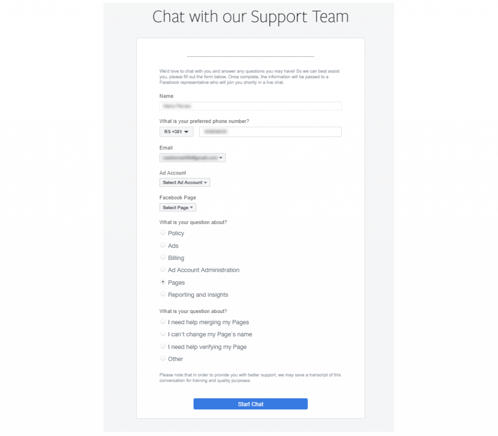 Forma za kontaktiranje operatera tehničke podrške Fejsbuka