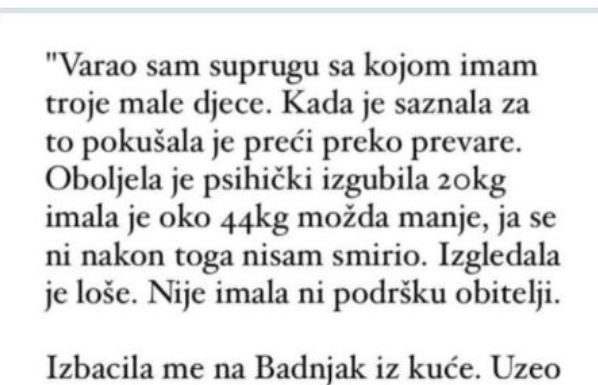 “Varao sam suprugu sa kojom imam troje djece a ona je pokusavala preci preko toga pa se razbolila…” “Varao sam suprugu sa kojom imam troje djece a ona je pokusavala preci preko toga pa se razbolila…” - featured image