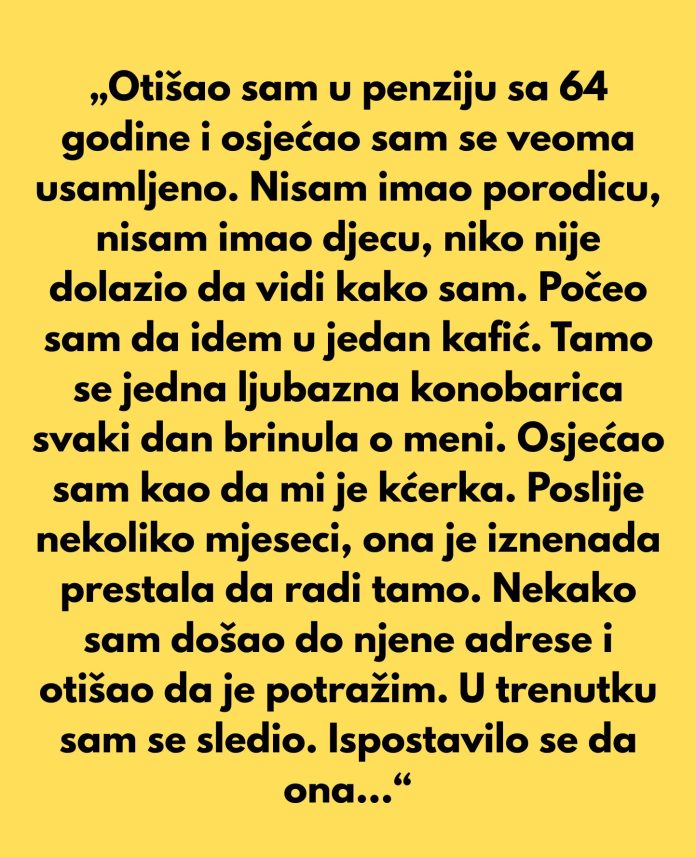 Od usamljenih dana do neočekivanog prijateljstva: penzionisani čovjek i konobarica koja mu je promijenila život - featured image Od usamljenih dana do neočekivanog prijateljstva: penzionisani čovjek i konobarica koja mu je promijenila život - featured image
